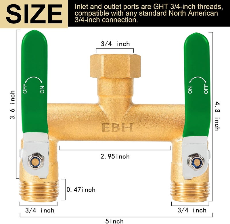 EBH Garden Hose Splitter, 2-Way High Flow Heavy Duty Brass Outdoor Hose Manifold with Extra Long Handles Full Flow Faucet Adapter- 3/4” GHT(Green) - Image 2